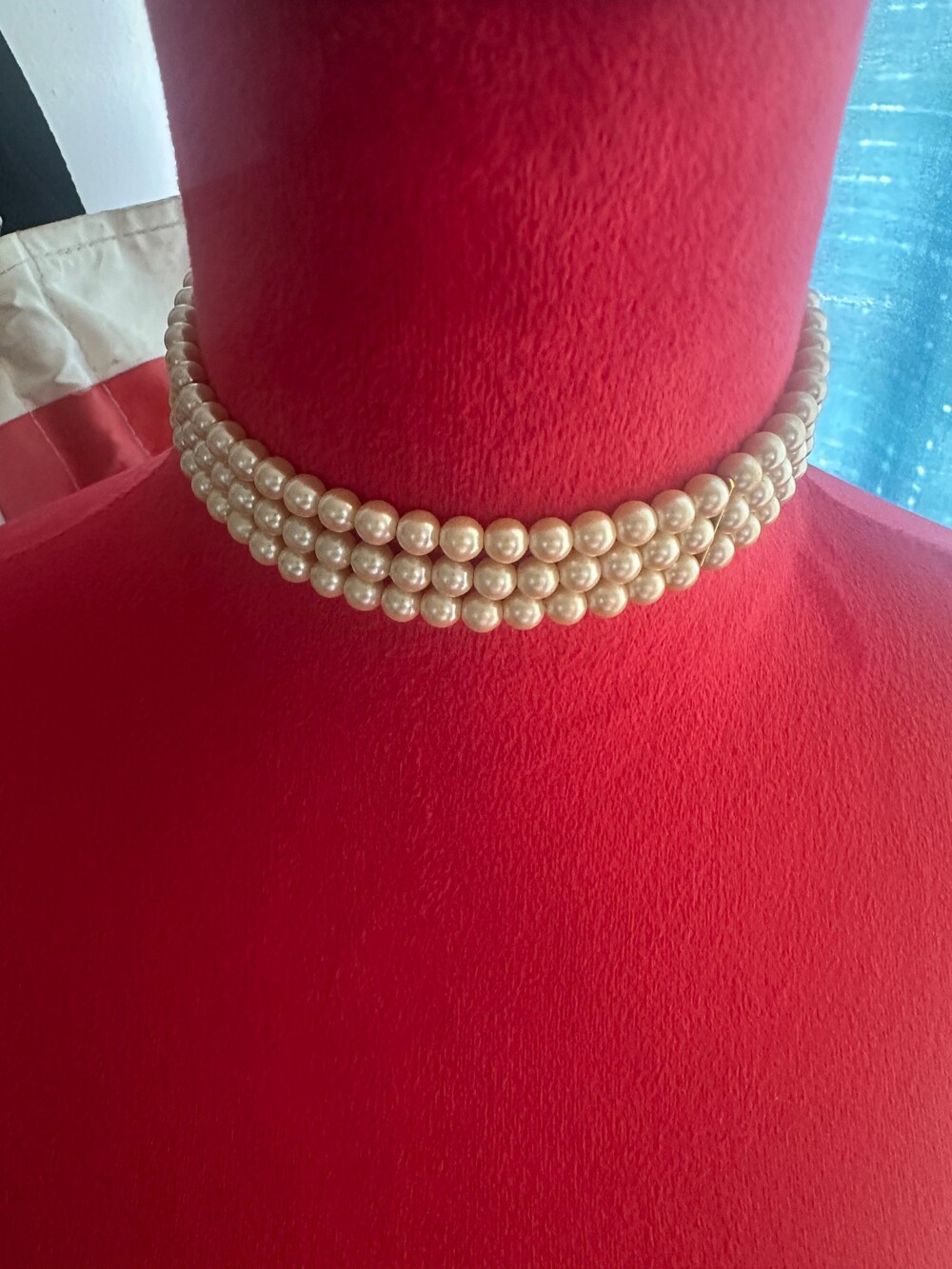 Three Strand Faux Pearl Choker Necklace Cream Adjustable Length